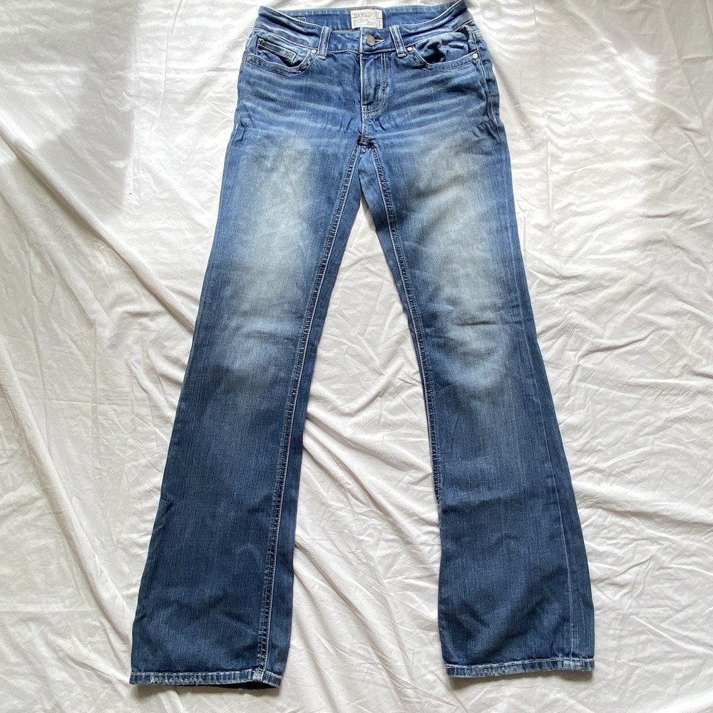 BKE Jeans Women 24L Blue Low Rise Slim Bootcut Stella Buckle Distressed Stretch